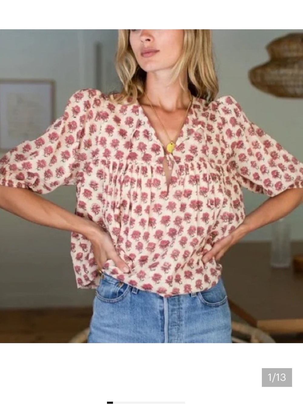 India Collection Emerson Fry Pink Floral Alma Organic Puff Isla Top XS/S